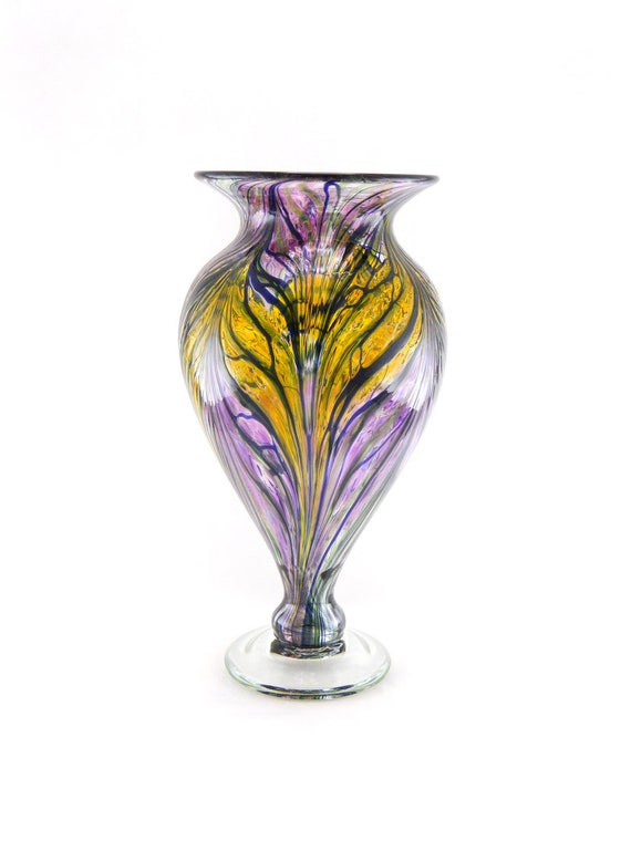 Hand Blown Art Glass Vase Hyacinth Purple Gold Amber And