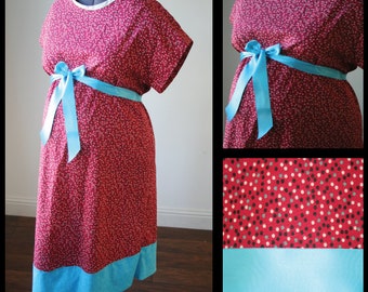 Maternity Hospital Gown - Pink with colorful mini polka dots, blue trim (Labor and Delivery Hospital Gown)