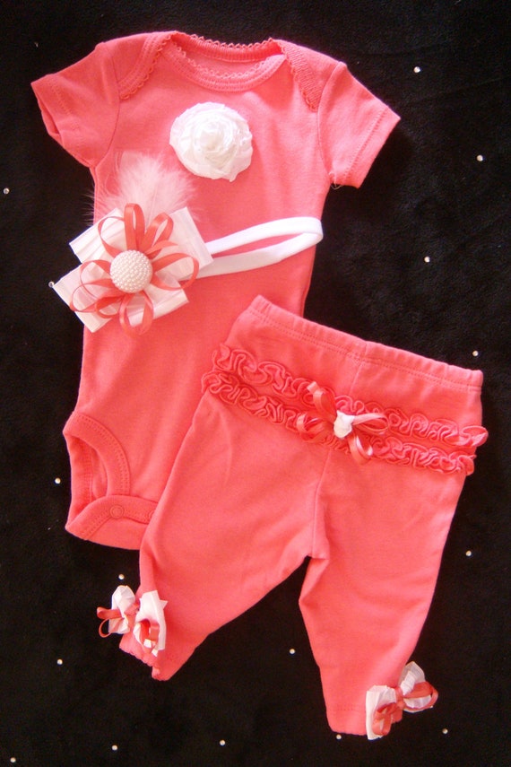 Baby girl outfit onesie pants headband Coral peach