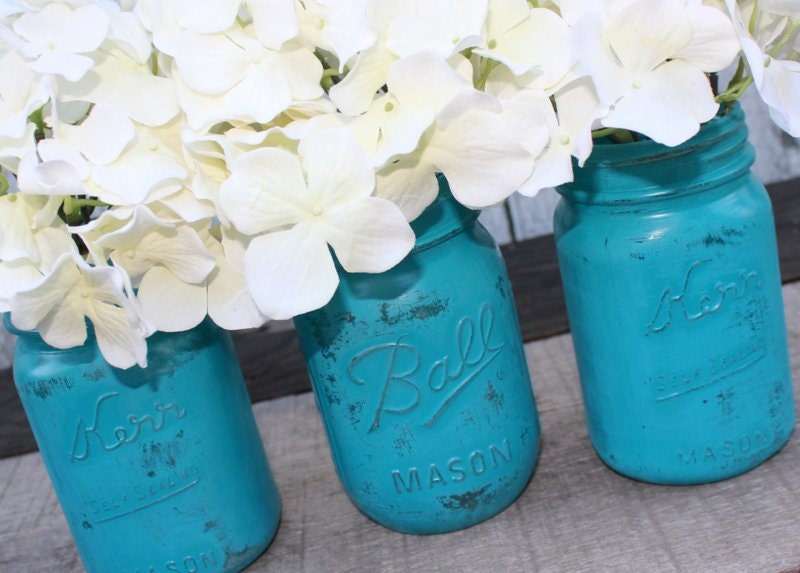 Distressed Mason Jars, Painted Mason Jars, Mason Jar Vases, Teal And Gray, Country Decor, Teal photo - 4