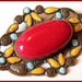 VICTORIAN Brooch Pin Red Cabochon Stone & Yellow Blue Enamel Paint Brass C Clasp VG