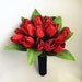 Red Tulip Silk Wedding Bouquet and Matching Boutonniere with Black Accents and Vintage Buttons