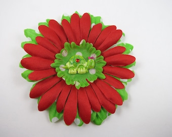 Turtle Hair Bow - Green and Red Flower Hair Clip - Polka Dot Flower Hair Bow - Flower Hair Clip