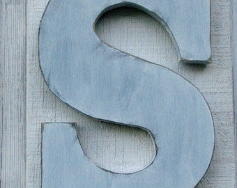 Rustic Wooden Wall letter "S" Painted White Distressed 12" Tall Hanging You Pick Letter and Color