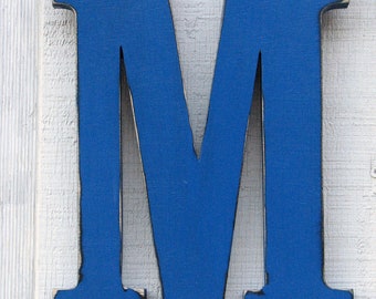 Wooden Letters M Distressed in True Blue,12" tall Wood Name Letters, Custom Gift You Pick Color