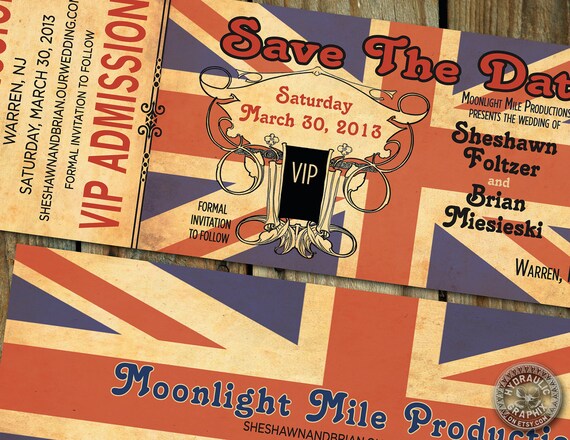Union Jack or Rolling Stones or The Who or British themed Save the Date VIP concert ticket for wedding with steampunk elements Il_570xn