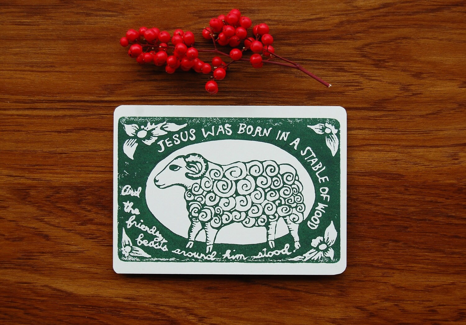 Sheep Linocut Christmas Card Hand-Printed Block Print Stable