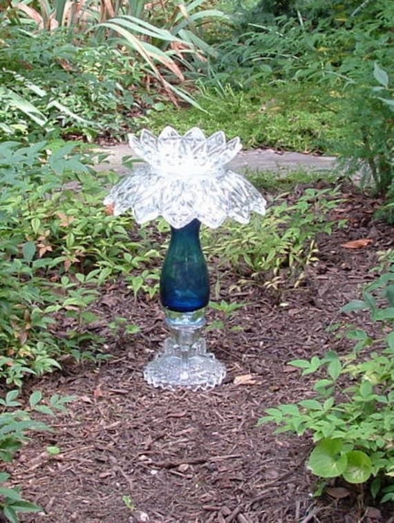 Glass garden art or candle holder made with re-purposed blue glass. Up-cycled art.  Glass candle holder. Re-purposed glass.