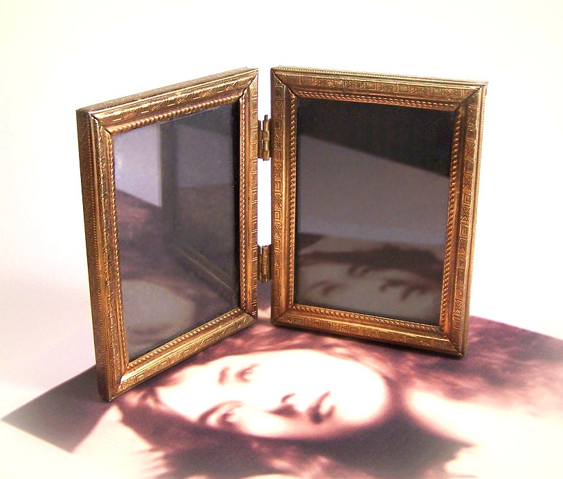 Small GOLD Hinged Double Picture FRAME Vintage by TheWhitePelican