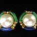 Vintage Pearl Cab Earrings with Green and Royal Blue Glass Tube Bead Border Accents