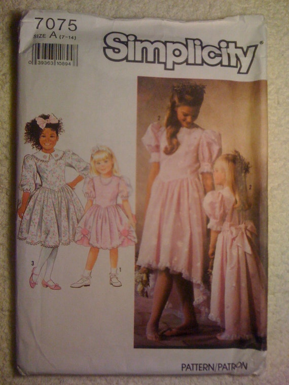 Simplicity 90s Sewing Pattern 7075 Girls Dresses In Two Lengths with Trim Variations Size 7-14 Sale