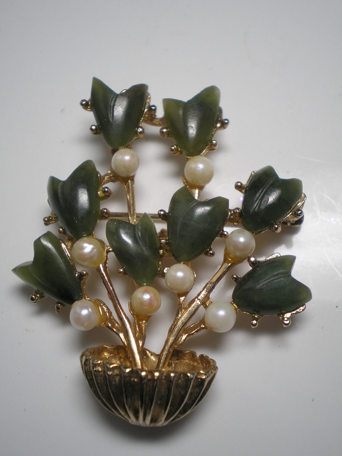 SWOBODA Flower Pot with Jade Leaves and Pearl Blooms Brooch