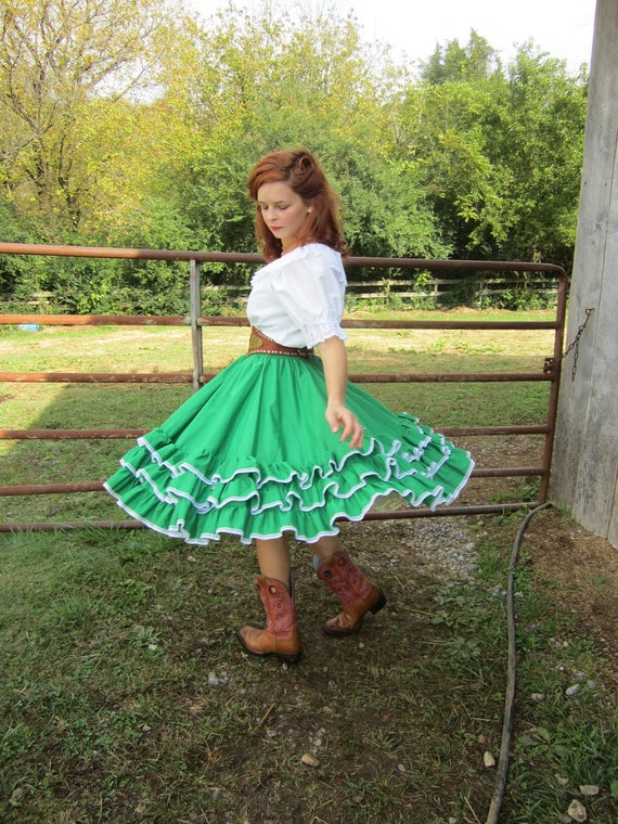 1970's square dance skirt / Green can can ruffle skirt