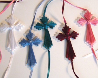 Cross bookmarks in plastic canvas and ribbon