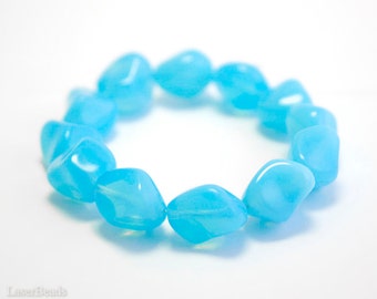 Aqua Blue Czech Beads 14mm (10) Large Nougat Bright Milky Opaque Opal Sky Pressed Glass Big