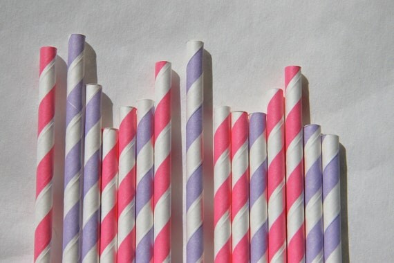 Party Straws, Bright Pink and Lavender Striped Paper Straws, 50 Pack Birthday Party Hot Pink and Lilac Il_570xn