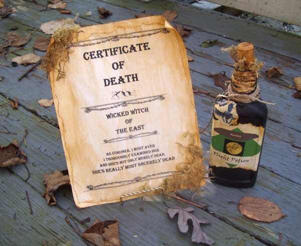 Wizard of Oz Wicked WITCH DEATH CERTIFICATE Potion by Oddsurd