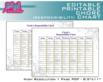 Editable / Printable Chore Chart Responsibility Chart - 8.5"x11" PDF - Instant DOWNLOAD
