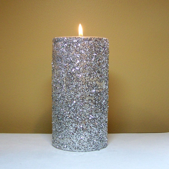 Silver Glitter Pillar Candle Wedding by StillWaterCandles on Etsy