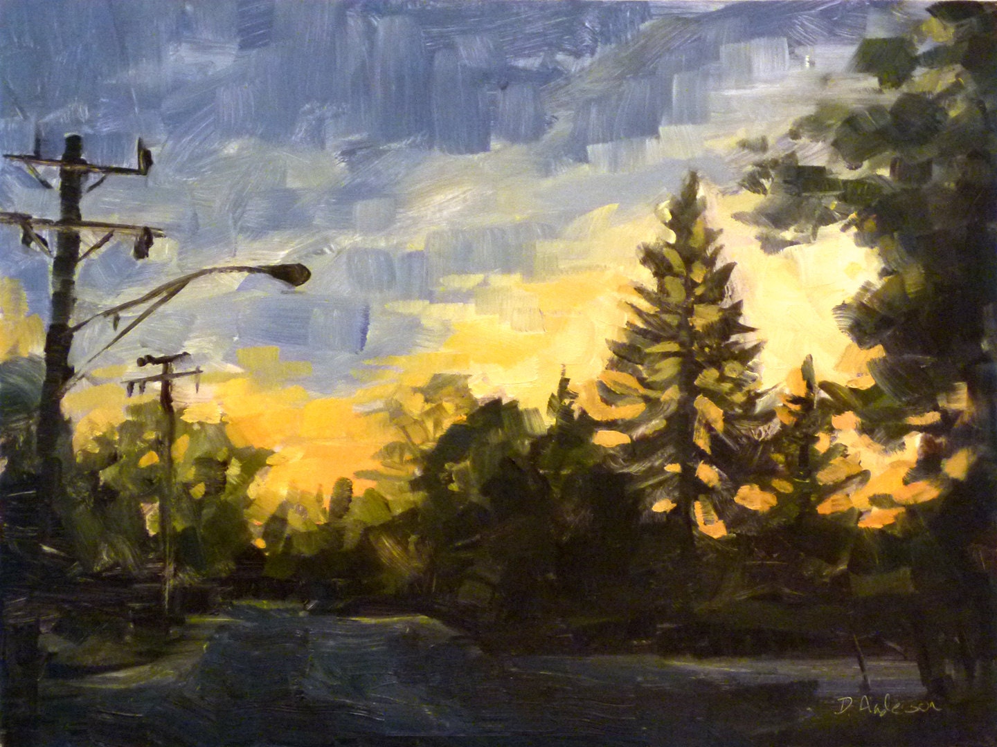 Oil Painting of a Streetlight at Sunset