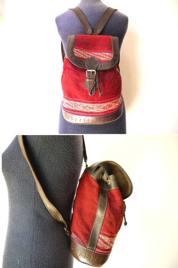 Vintage Leather Textile Backpack South American Aguayo Fabric