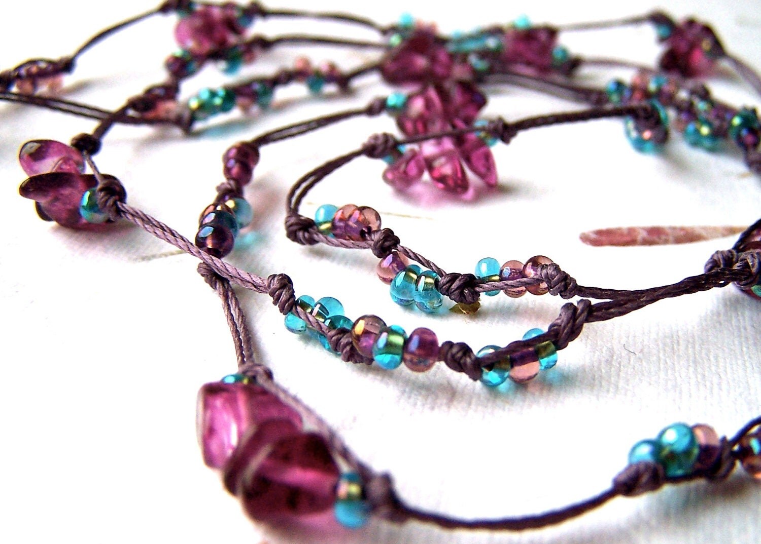 Knotted Necklace Long Cord Necklace Purple & Blue by Phoebedreams