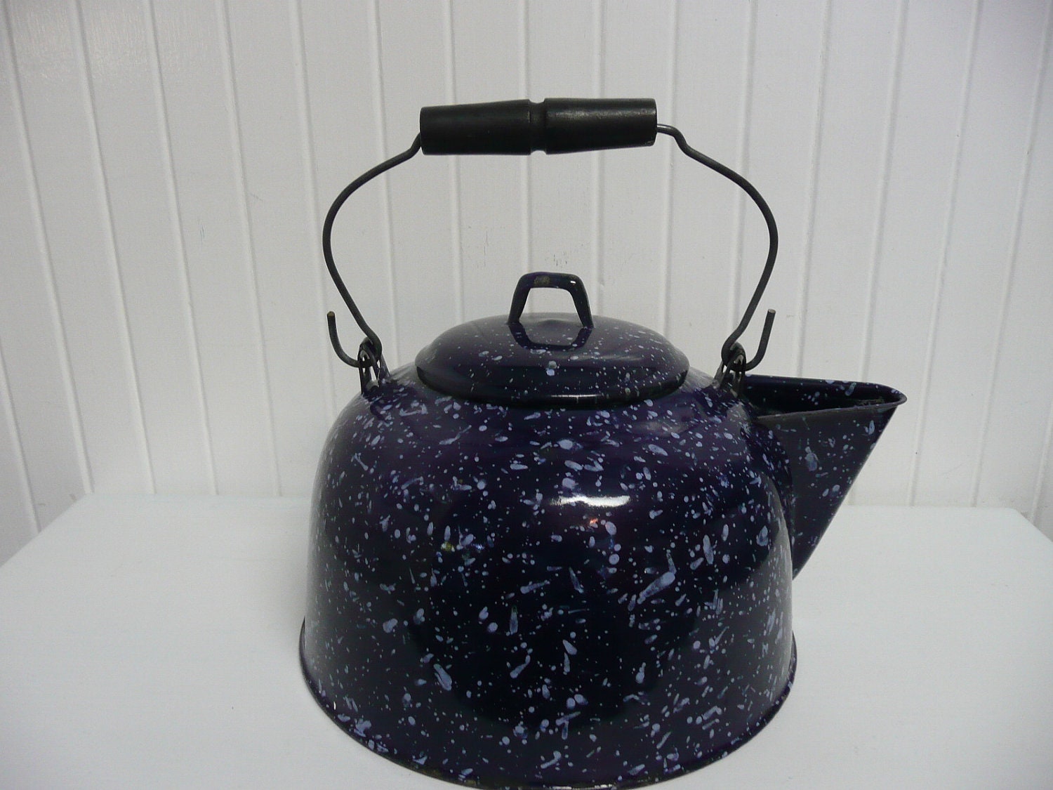 Vintage Blue Speckled Enamelware Spatterware Tea Pot Kettle