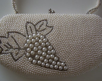 Bridal purse, ivory beaded evening handbag,1960s, wedding bag, vintage Japanese