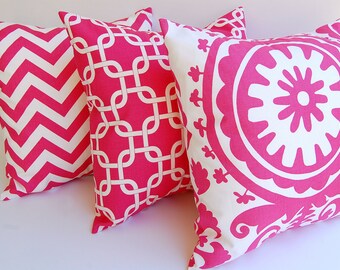 Throw pillow covers set of three Chevron Suzani Gotcha hot pink and white cushion covers