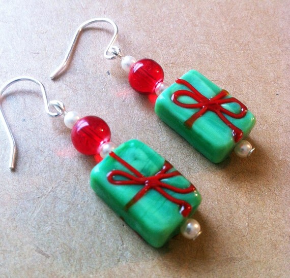 Items similar to Christmas Present Green Glass Bead Earrings Festive Holiday Jewelry Cute