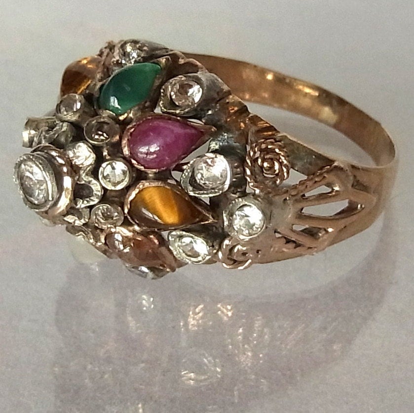 Thai Princess Nopakao Nine Gems Ring 9k Gold Gemstones Vintage