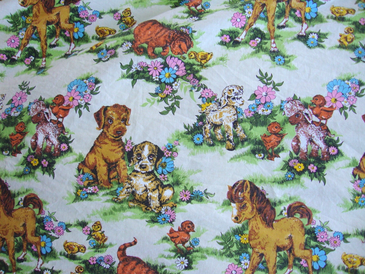 Vintage 60s Cute Animal Fabric Baby Farm Animals Pink Daisy