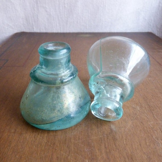 Antique Vintage Glass Ink Bottles Glass Inkwells Lot of 2