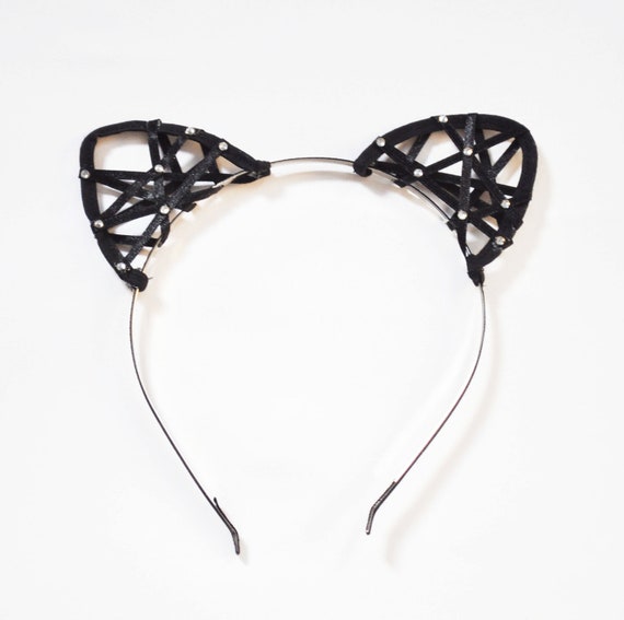 Black bondage cat ears with Swarovski elements by GuardiaLost