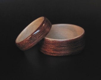 Handcrafted Wood Wedding Band Set Sapele Wood with Maple Interior Anniversary Ring