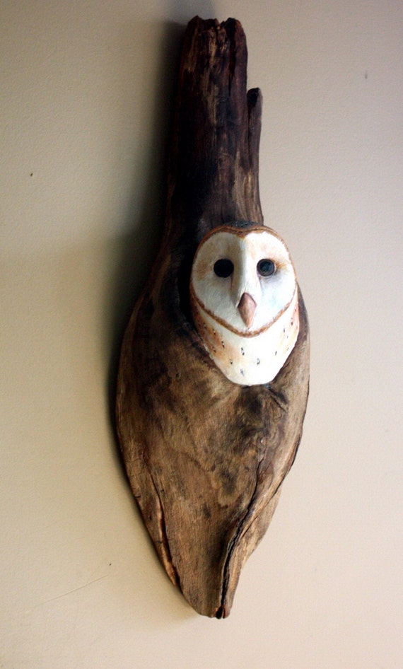 Wood Sculpture Barn Owl Bird Hand Carved Carving Wall Hanging