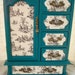 Vintage Hand Painted And Decoupaged Teal Toile Upcycled Jewelry Box