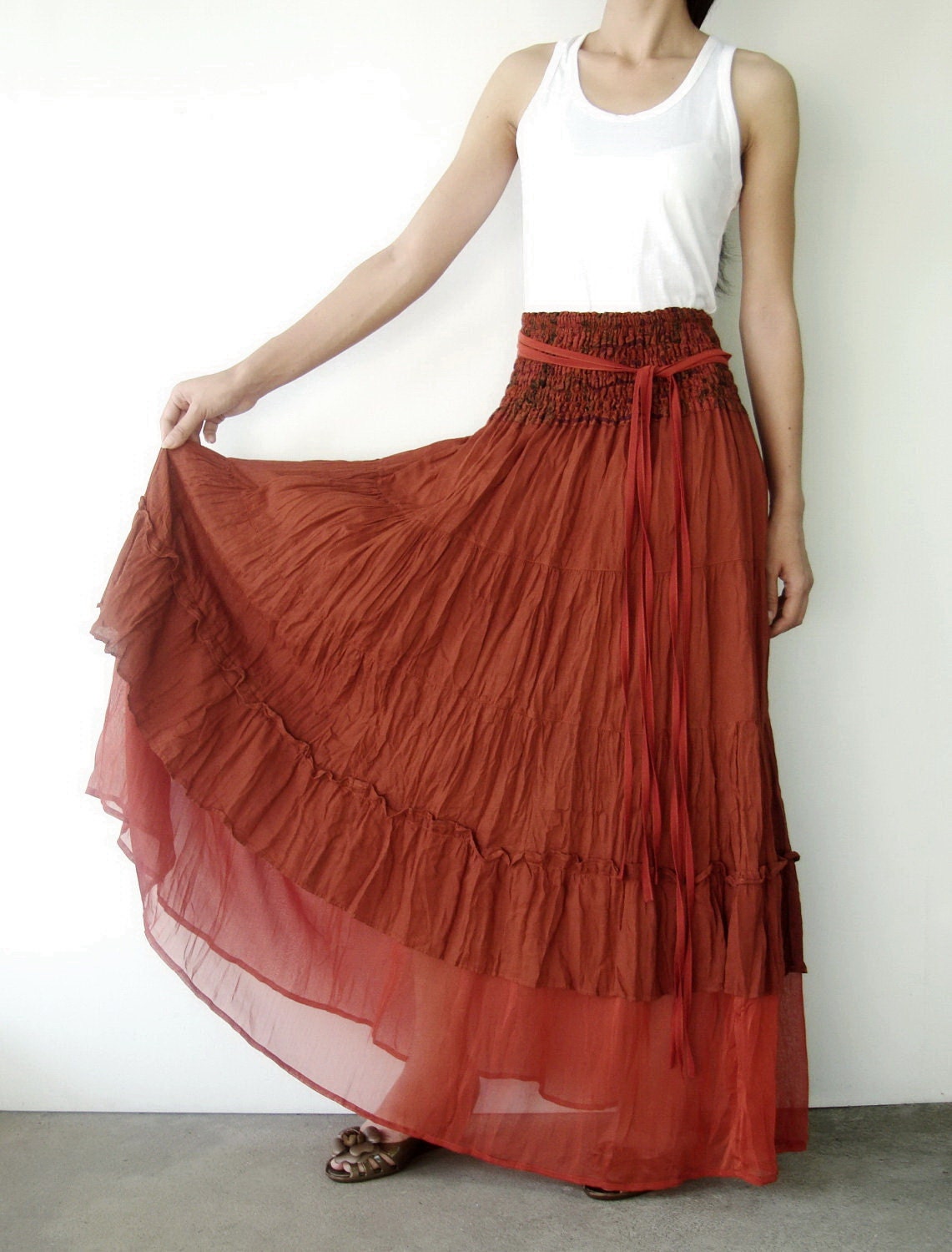 NO.36 Rust Cotton Tiered Peasant Skirt Long Maxi Skirt