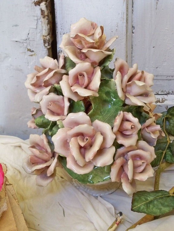 Vintage Italian porcelain pink roses shabby chic painted large