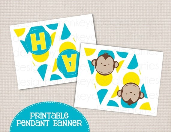 Boy's Mod Monkey Birthday Party Printable DIY Pendant Banner "HAPPY BIRTHDAY" Il_570xn