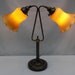 Art Deco Vintage Brass Gooseneck Double Light Lamp- Hand Blown Ruffled Tulip Shape Orange Amber Glass Shade