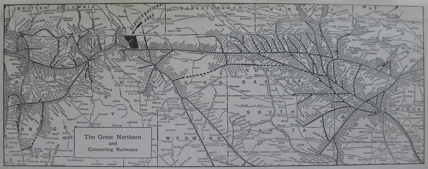 1923 GREAT NORTHERN RAILROAD Map Antique 1920s by plaindealing