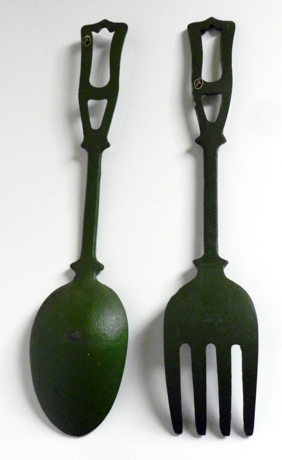 Vintage Big Fork and Spoon Kitchen Wall Art Green Cast Iron
