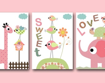 Nursery Art Print Baby Nursery Art Decor Baby Room Art Baby Girl Nursery Print set of 3 Baby Art Bird Giraffe Elephant Green Rose pink /