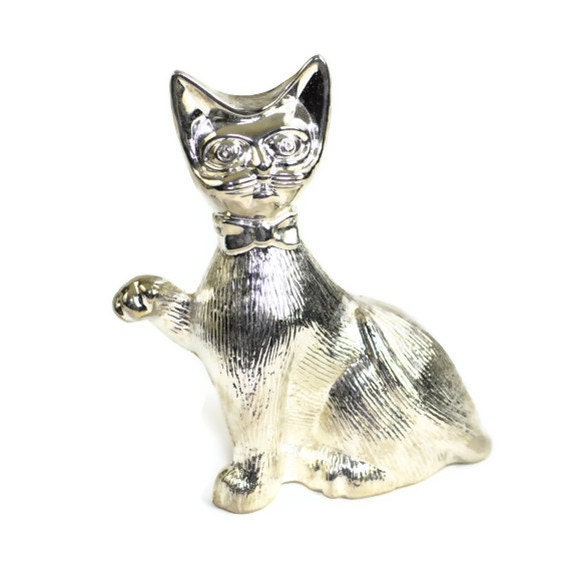  Cat  Coin Bank in Silver  Metal  Made in Hong Kong Playful