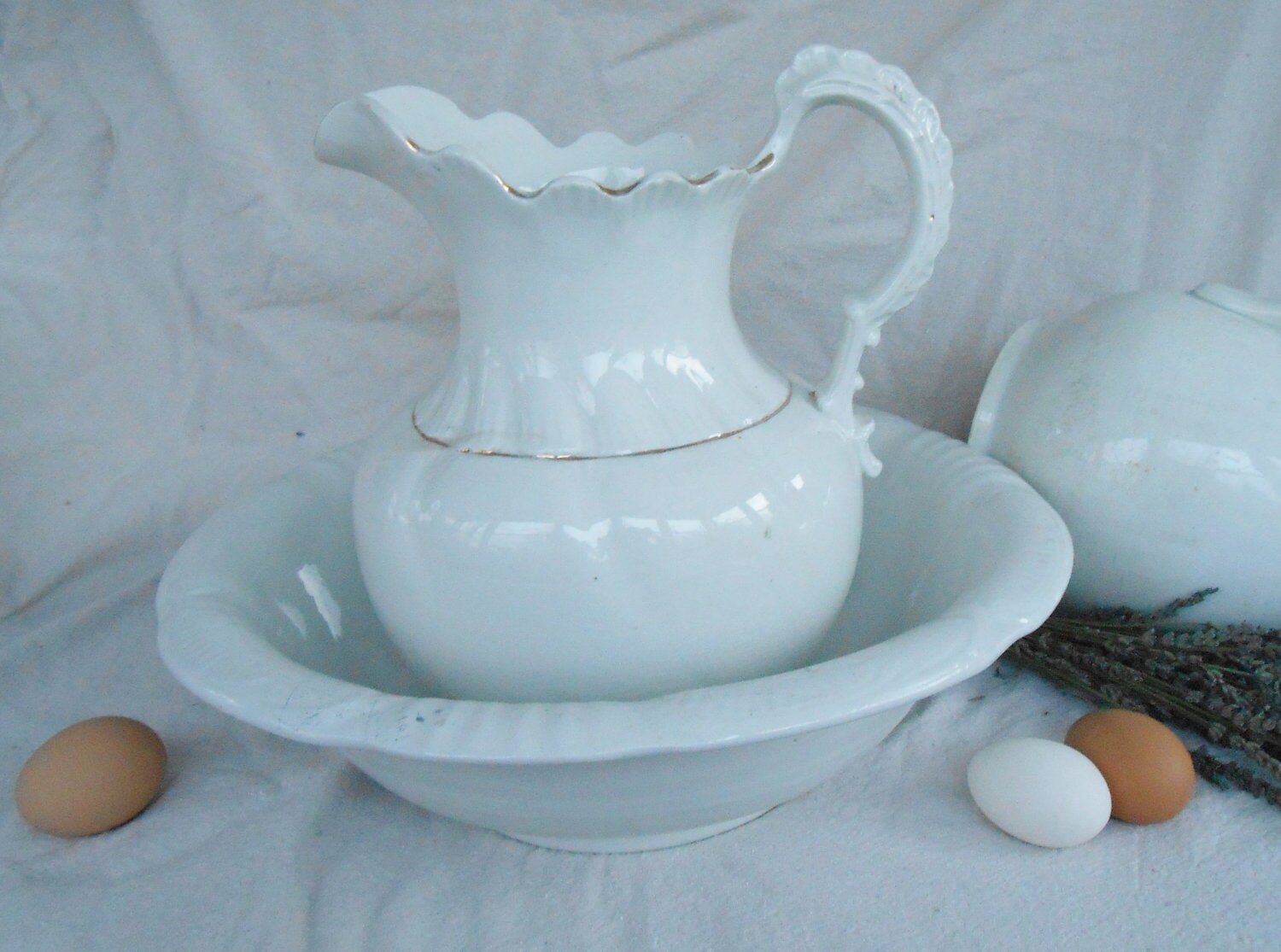 Antique White Ironstone Pitcher and Wash Basin Admiral VP Co.