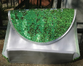 90s See Through Sequined Mesh Clutch - Green Silver Cyber Punk Club Kid Raver