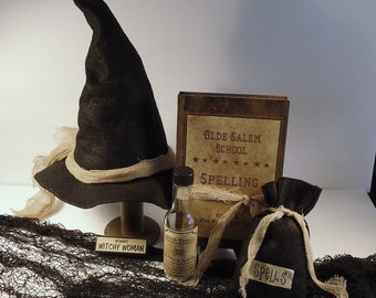 Halloween Decor Witch hat with spell bag spell book spell bottle, haunted, wicca, party decor, photo props
