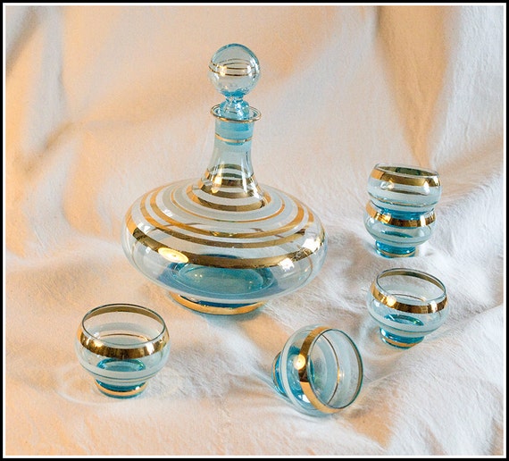 Vintage Blue Glass Decanter Set with Gold Trim and Free
