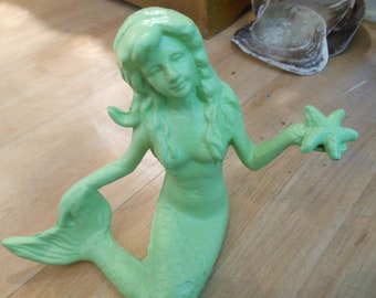 Beach Decor Cast Iron Mermaid with Starfish - Seafoam Green Mermaid - Cast Iron Mermaid - Mermaid Decor - Beach Decor